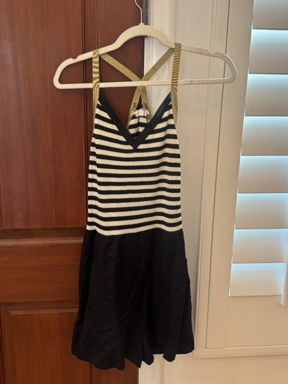 Sandro Paris Striped Halter Romper Gold Metallic Straps Linen Blend Size 2 S